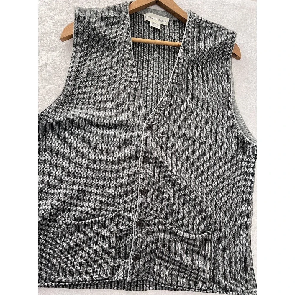Vintage 90s Banana Republic Wool Knit Vest Men's Stripe Kurt Cobain Button Front